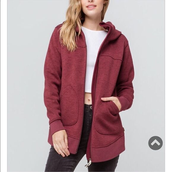 Burton Fleece Hooded Jacket Maroon Red Oversized Hood Full Zip Coat Size Large - Picture 1 of 11